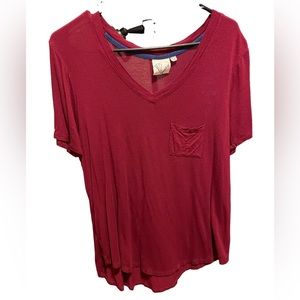 Preloved v-neck basic burgundy high low tunic with front pocket